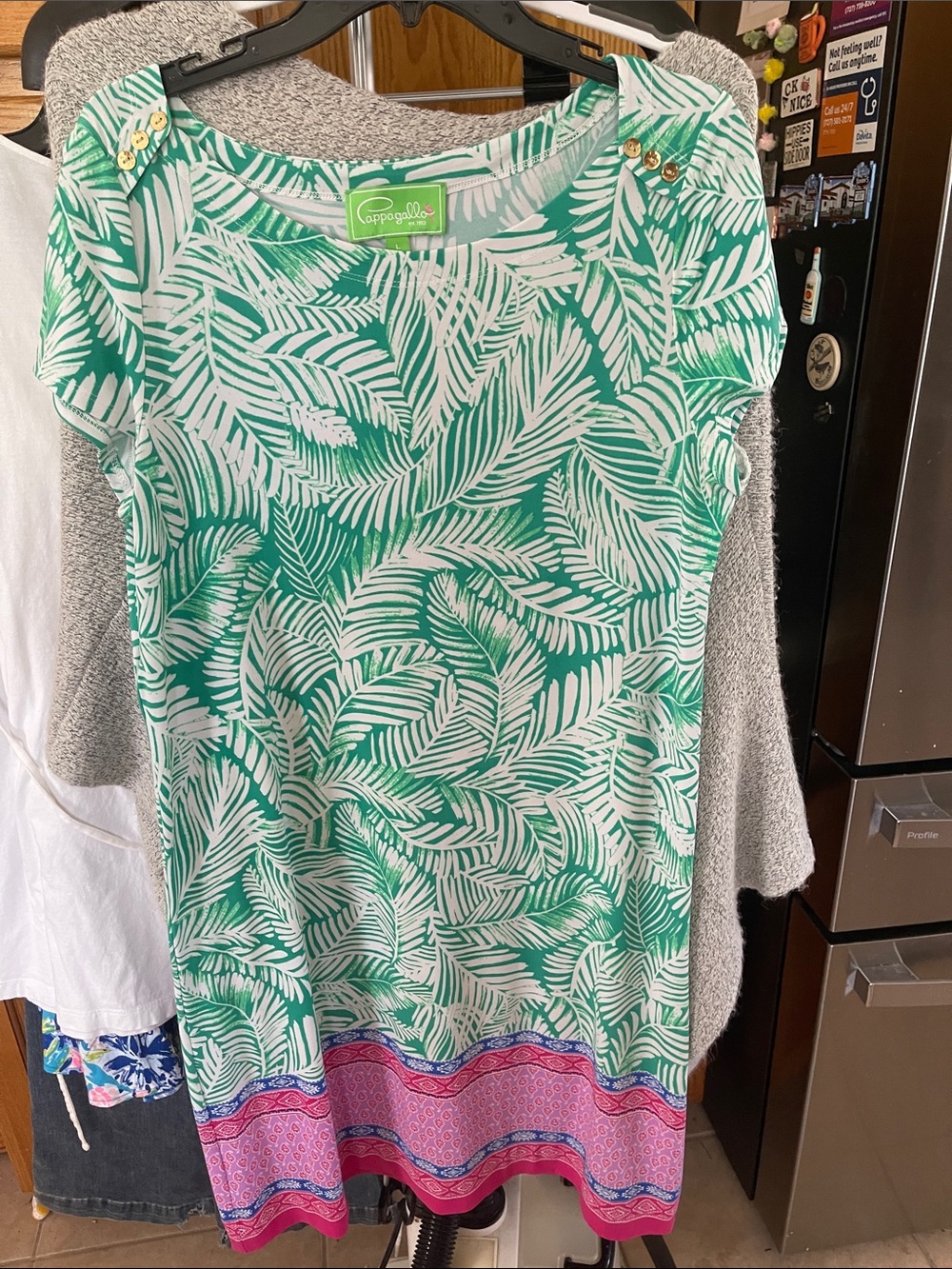 Pappagallo Green Tropical Palm Print Shift Dress with Pink Hem Large
